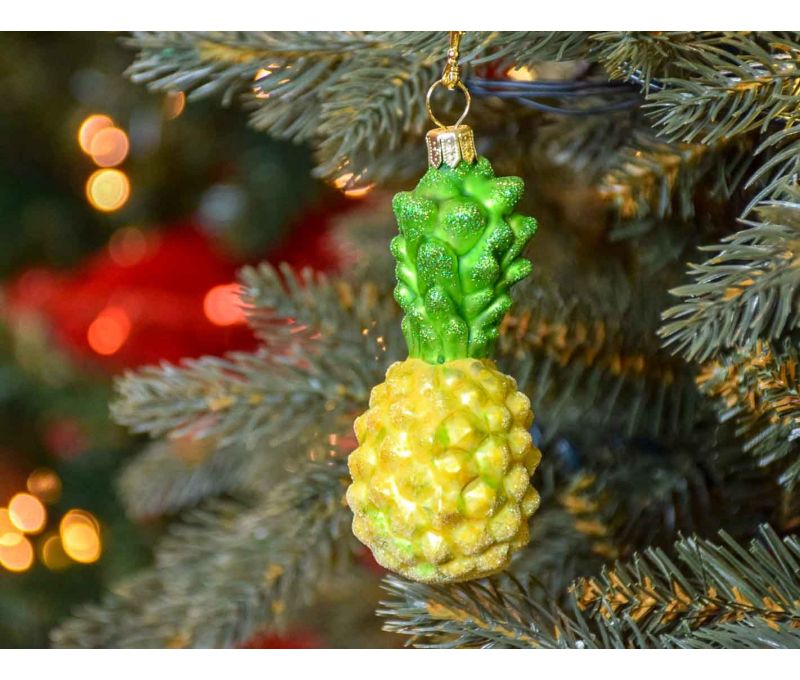 Boule de Noël ananas en verre soufflé, jaune et vert pour suspendre à votre sapin. Made in Europe. Hauteur 10cm.