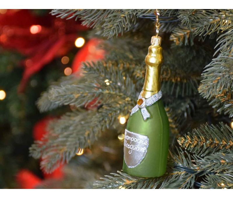 Boule de Noël verre soufflé bouteille champagne verte dorée collerette nœud doré inscription Champagne Lilosquare H13cm