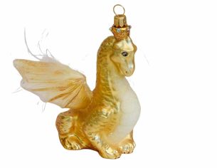 Suspension de Noël dragon doré en verre soufflé, décoration de luxe artisanale. Made in Europe, 13cm.