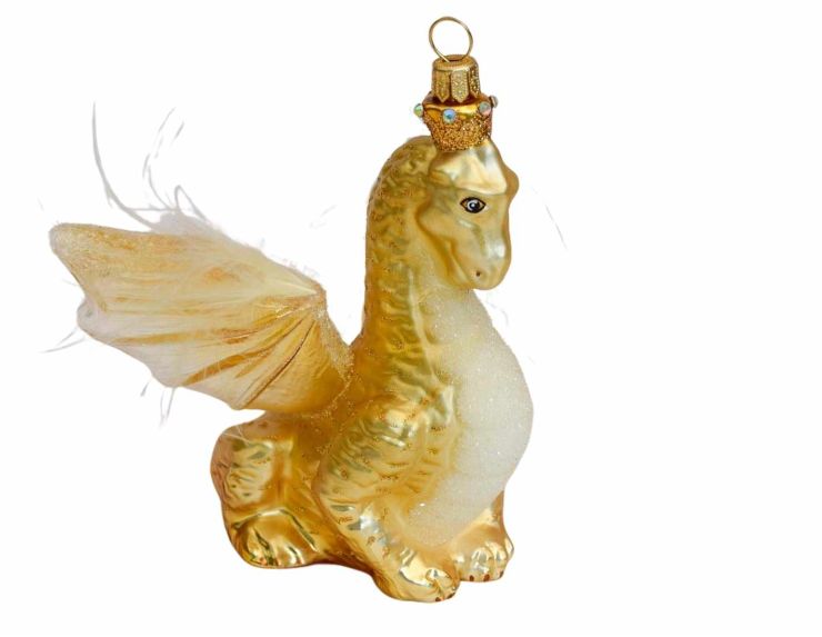 Suspension de Noël dragon doré en verre soufflé, décoration de luxe artisanale. Made in Europe, 13cm.