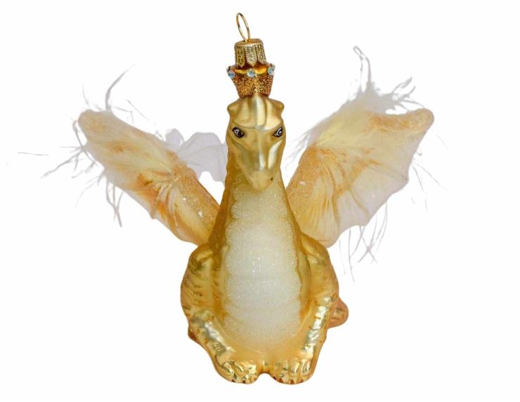 Suspension de Noël dragon doré en verre soufflé, décoration de luxe artisanale. Made in Europe, 13cm.