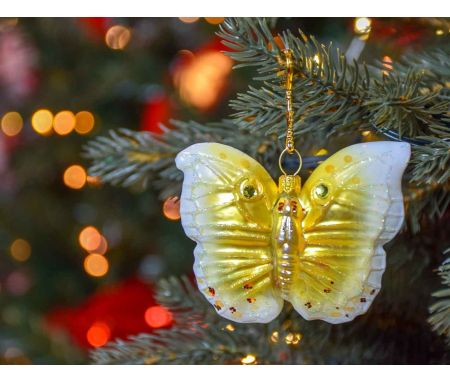 Boule de Noël originale papillon jaune et blanc en verre soufflé, décoré à la main et Made in Europe.