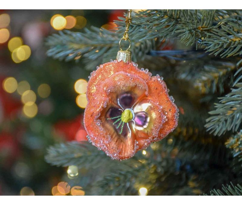 Suspension de Noël originale en verre soufflé, fleur pensée orange. Diamètre : 7cm