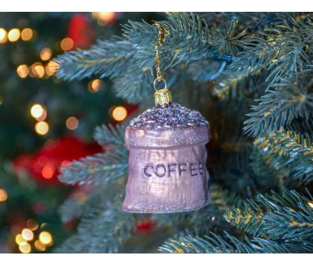 Suspension de Noël originale sac de café en verre soufflé, décoré à la main. Décoration pour sapin de Noël. Hauteur : 8cm