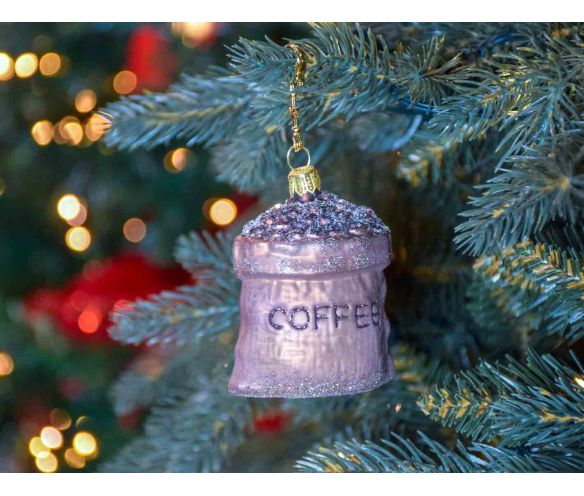 Suspension de Noël originale sac de café en verre soufflé, décoré à la main. Décoration pour sapin de Noël. Hauteur : 8cm