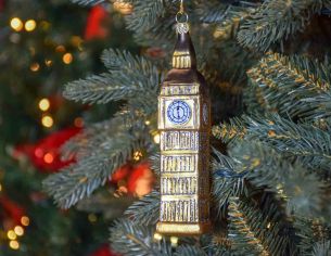 Boule de Noël Big Ben de Londres doré brillant en verre soufflé et peinte à la main. Made in Europe.
Hauteur : 14cm