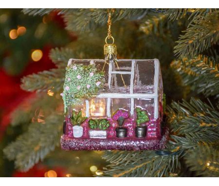 Suspension de Noël originale serre, verre soufflé et décorée à la main. 
Hauteur : 10cm