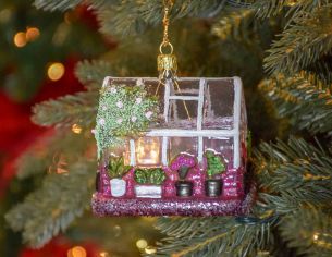 Suspension de Noël originale serre, verre soufflé et décorée à la main. 
Hauteur : 10cm