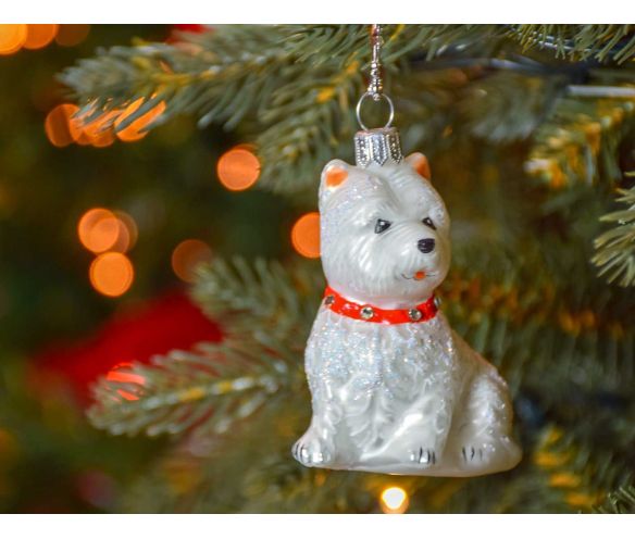 Boule de Noël chien westie blanc avec collier rouge en verre soufflé, déco pour sapin de Noël. Made in Europe