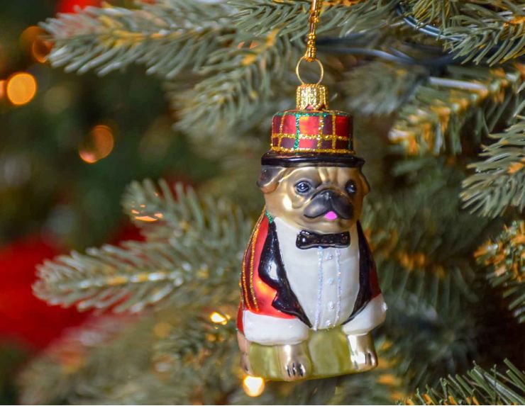 Boule de Noël chien Carlin en verre soufflé avec son costume de Noël. Décoration à suspendre au sapin de Noël , made in Europe