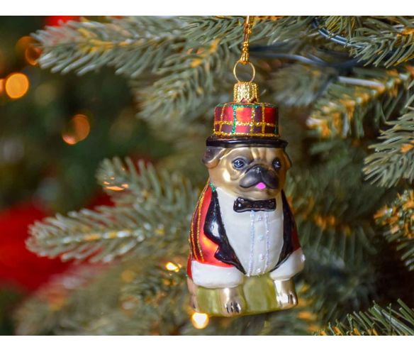 Boule de Noël chien Carlin en verre soufflé avec son costume de Noël. Décoration à suspendre au sapin de Noël , made in Europe