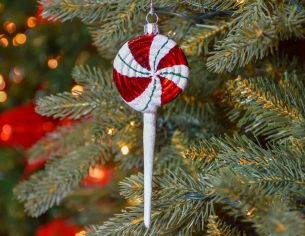 Suspension de Noël sucette blanche et rouge en verre soufflé pour décorer votre sapin de Noël. Made in Europe