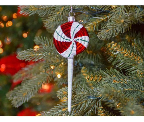 Suspension de Noël sucette blanche et rouge en verre soufflé pour décorer votre sapin de Noël. Made in Europe
