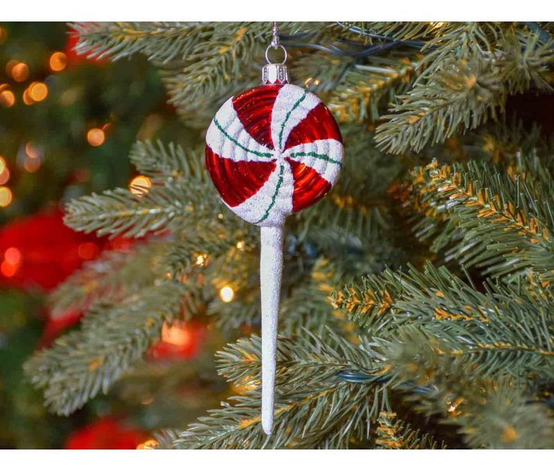 Suspension de Noël sucette blanche et rouge en verre soufflé pour décorer votre sapin de Noël. Made in Europe