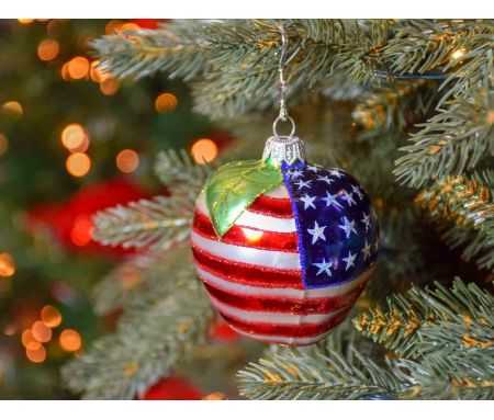 Boule de Noël en forme de pomme à l'emblème de l'Amérique et la Big Apple.
