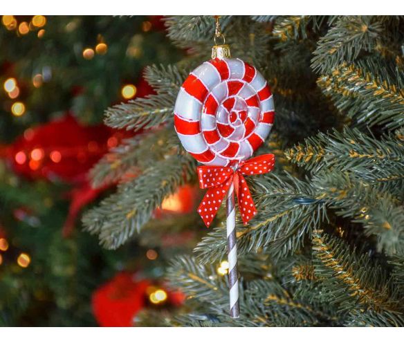 Suspension de Noël sucette blanche et rouge en verre soufflé, décoré à la main. Made in Europe, Hauteur : 18cm