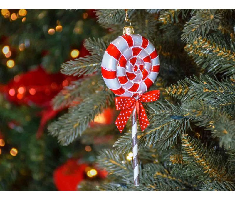 Suspension de Noël sucette blanche et rouge en verre soufflé, décoré à la main. Made in Europe, Hauteur : 18cm