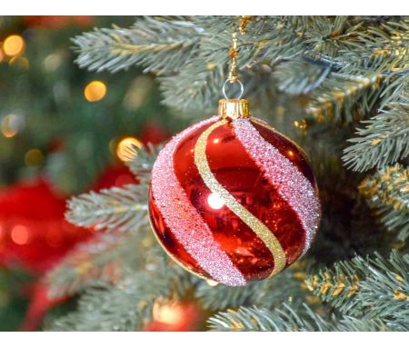 Boule de Noël rouge brillante lignes dorées D8cm