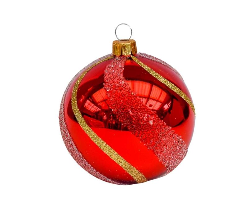 Boule de Noël rouge brillante lignes dorées D8cm