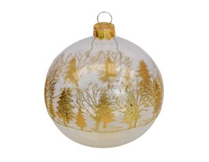Boule de Noël transparente en verre avec décors sapins dorés tout autour de la boule. 
Diamètre : 8cm
