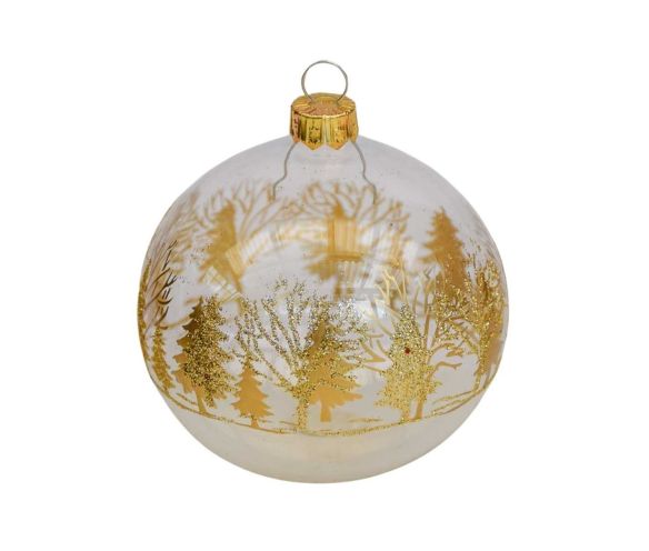 Boule de Noël transparente en verre avec décors sapins dorés tout autour de la boule. 

Diamètre : 8cm