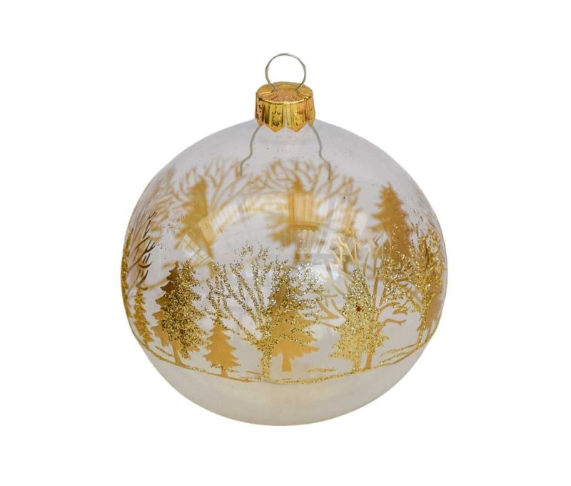 Boule de Noël transparente en verre avec décors sapins dorés tout autour de la boule. 

Diamètre : 8cm