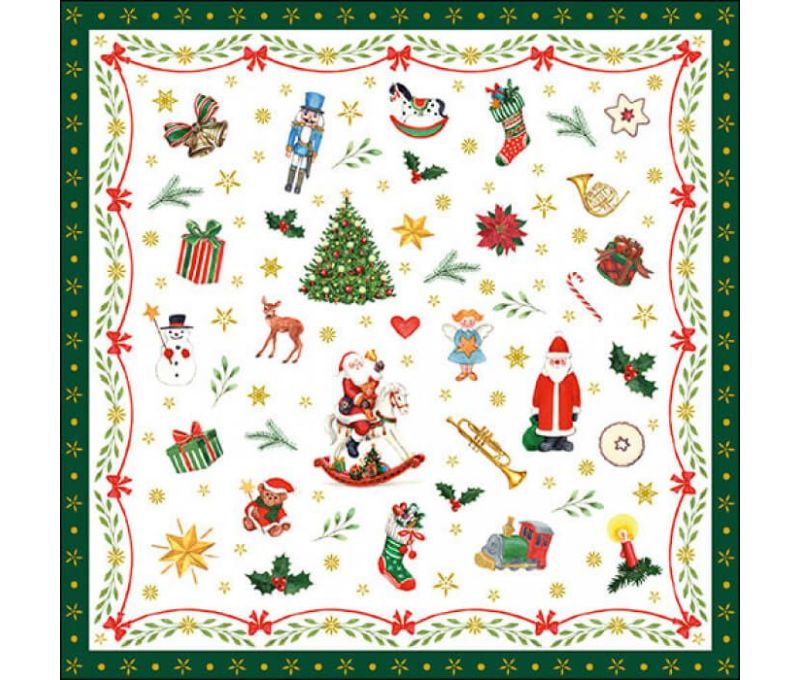 Serviette en papier décors avec symboles de Noël contour vert.