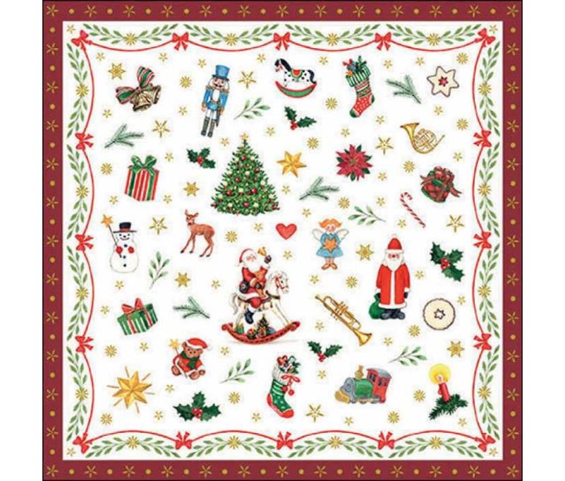 Serviette en papier décors avec symboles de Noël contour bordeaux