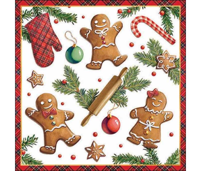 Serviette papier Noël bonhommes pain d'épices sapin cannes sucre boules rouleau moufle bordure écossaise rouge 33x33cm