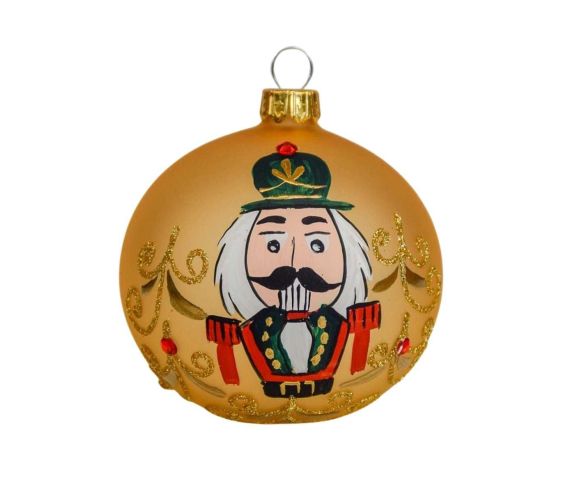 Boule de Noël dorée en verre avec casse-noisette peint à la main. boule de Noël de luxe, made in Europe. Diamètre : 8cm