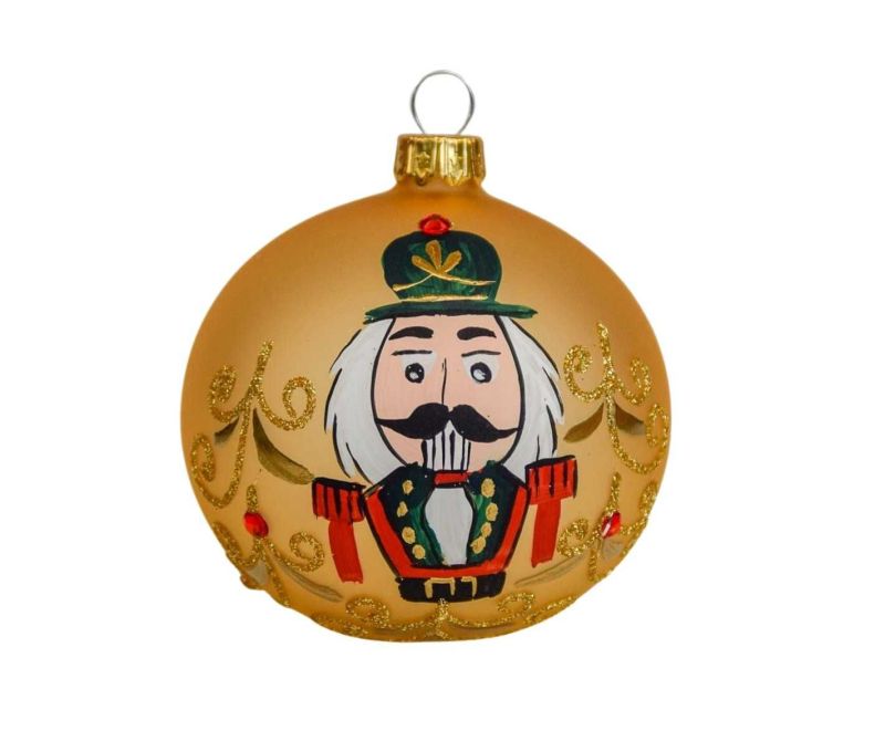 Boule de Noël dorée en verre avec casse-noisette peint à la main. boule de Noël de luxe, made in Europe. Diamètre : 8cm