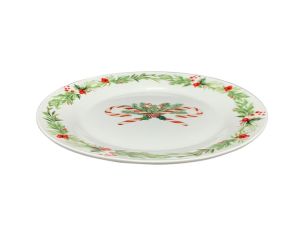 Assiette blanche en porcelaine avec décors de sucres d'orge et houx sur le contour de l'assiette.

Diamètre : 25cm