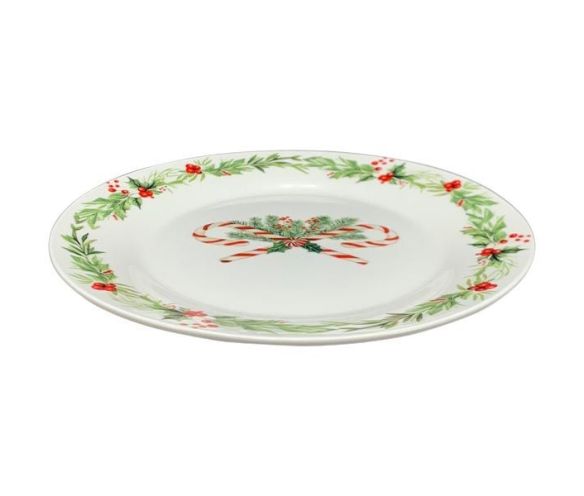 Assiette porcelaine blanche sucres d'orge houx rouge contour D20cm