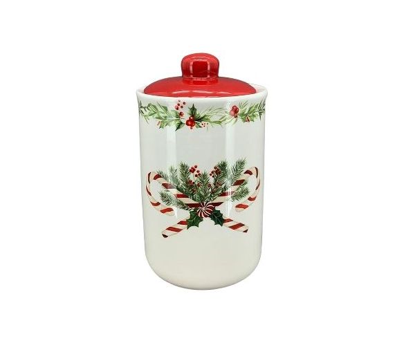 Pot céramique blanc couvercle rouge décor sucres d'orge houx sapin H16cm