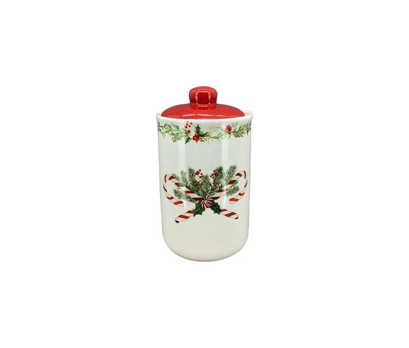 Pot céramique blanc couvercle rouge décor sucres d'orge houx sapin H16cm