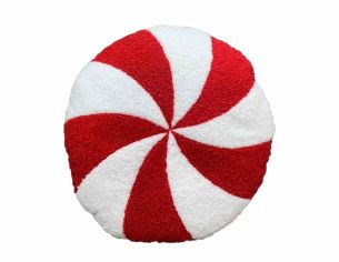 Coussin rond pour Noël en forme de bonbon rouge et blanc. Diamètre : 40cm