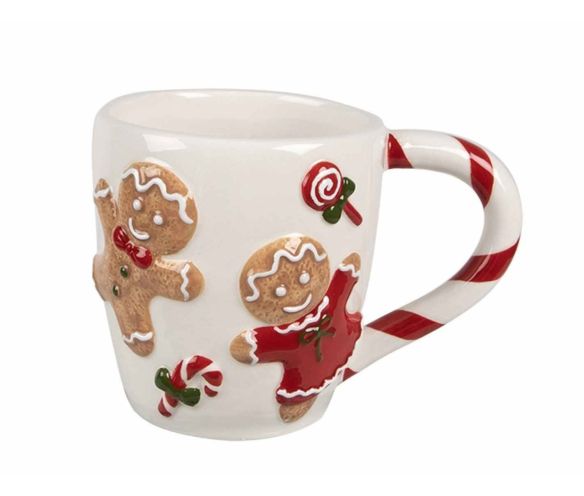 Tasse céramique blanche Noël motifs bonhommes pain d'épices anse rouge 330ml