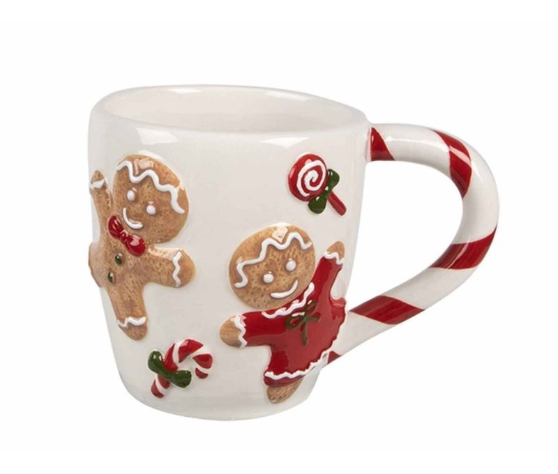 Tasse céramique blanche Noël motifs bonhommes pain d'épices anse rouge 330ml