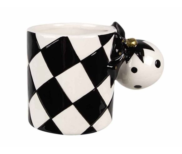 Tasse céramique Noël motif arlequin noir blanc anse boule de Noël 330ml