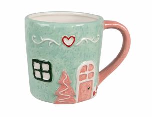 Tasse de Noël vert pastel, décor maison rose en céramique.