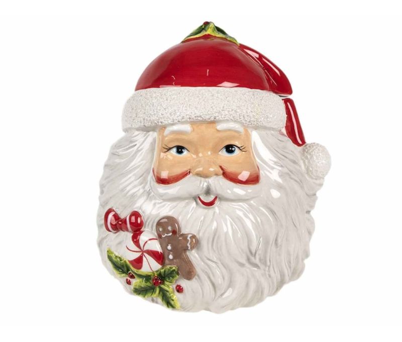 Grand pot à biscuit ou décoratif pour votre cuisine en forme de visage du Père Noël avec son bonnet rouge et blanc.