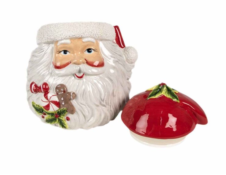 Grand pot à biscuit ou décoratif pour votre cuisine en forme de visage du Père Noël avec son bonnet rouge et blanc.