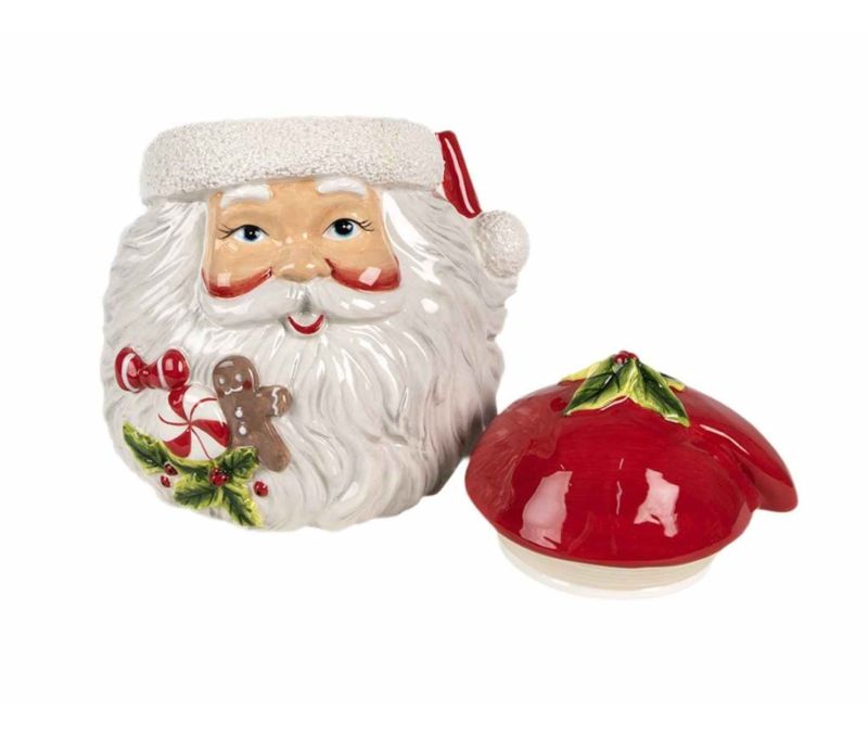 Grand pot à biscuit ou décoratif pour votre cuisine en forme de visage du Père Noël avec son bonnet rouge et blanc.