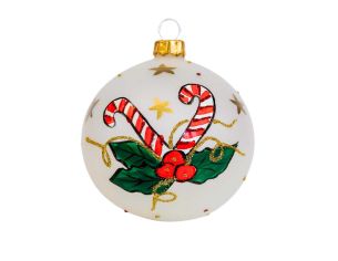 Boule de Noël blanche effet translucide, décor sucres d'orge et houx entièrement peint à la main.

Diamètre : 8cm