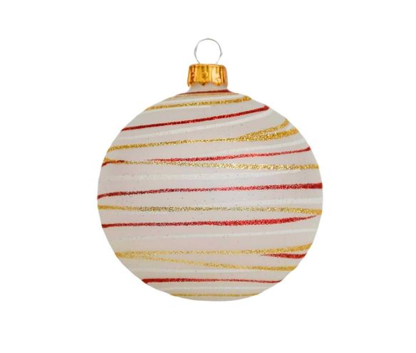 Boule de Noël blanche en verre recouverte de paillettes dorées, rouges et blanche en spirale tout autour de la boule.