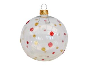 Boule de Noël transparente à pois rouges, blancs et dorés.
Diamètre : 8cm