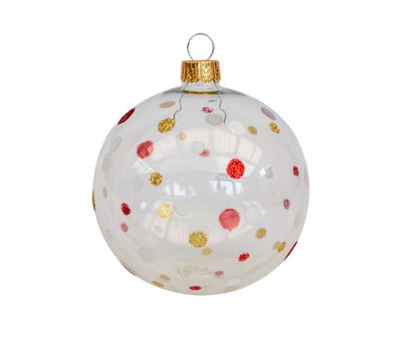 Boule de Noël transparente à pois rouges, blancs et dorés.

Diamètre : 8cm