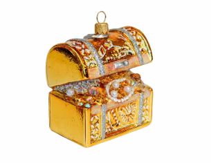Boule de Noël originale en verre soufflé, coffre au trésor doré brillant avec nombreux détails. Hauteur : 8cm