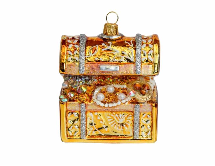 Boule de Noël originale en verre soufflé, coffre au trésor doré brillant avec nombreux détails. Hauteur : 8cm