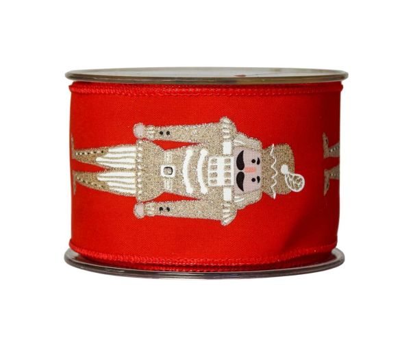 Ruban de Noël large rouge motif casse-noisette doré blanc brodé bord rouge fil de fer largeur 6cm